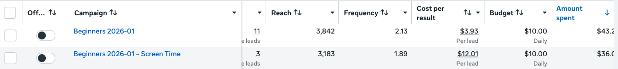 Ads Manager: Beginners 2026-01, 11 leads, $3.93 each, $43.20 spent. Screen Time, 3 leads, $12.01 each, $36.03 spent.